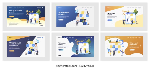 Set of business people with giant scrum boards. Flat vector illustrations of men and women in suits working with task boards. Work and planning concept for banner, website design or landing web page