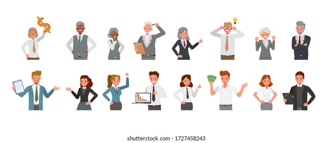 Set of business people group working character vector design presentation in various action. Presentation in various action with emotions, running, standing and walking