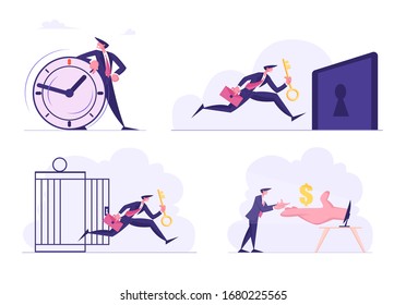 Grupo de personas de negocios con abrumador reloj, personaje masculino escapa de la cárcel con llave en mano, toma dinero de escritorio Pc y corre para bloquear aislado en fondo blanco. Ilustración de vectores de caricaturas, imágenes prediseñadas