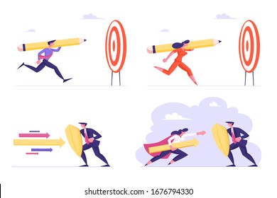 Set of Business People with Huge Pencil Running to Target, Businesswoman Character in Superhero Cloak Attack Businessman with Shield, Aiming Isolated on White Background. Cartoon Vector Illustration