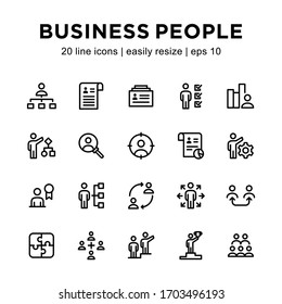 Set of business people icons, containing organizational structure icons, identities, relationships, experience history and others with a white background.