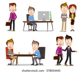 Set of business people illustrations in different scenes including manager standing, programmer sitting, two guys discussing and having coffee, leader and new employee walking