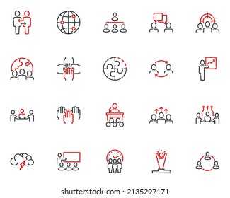 set of business people line icons, teamwork, group, meeting, member