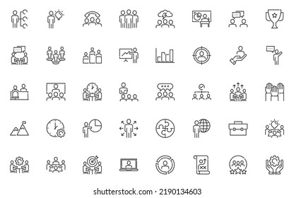 set of business people line icons, teamwork, meeting, working, organization