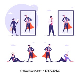 Set Business People Looking in Mirror Imagine themselves Super Hero in Red Cloak, Male Characters Sitting on Floor with Dizzying Head. Dream, Imagination, Career Ambitions. Cartoon Vector Illustration
