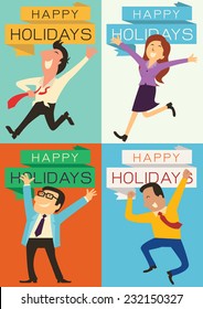 Set of business people, man, woman, and boss, raising hands with happy emotion for having and celebrate holidays. Each piece is in the ratio of A4 paper size. 