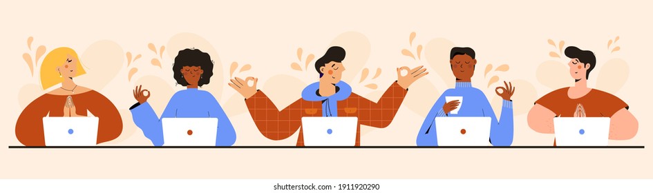 Set of Business people Meditating, Practicing Yoga Meditation at Workplace Sitting in front of laptop. Office workers or freelancers relax and meditate. Relaxation, Positive, Mind Tranquility