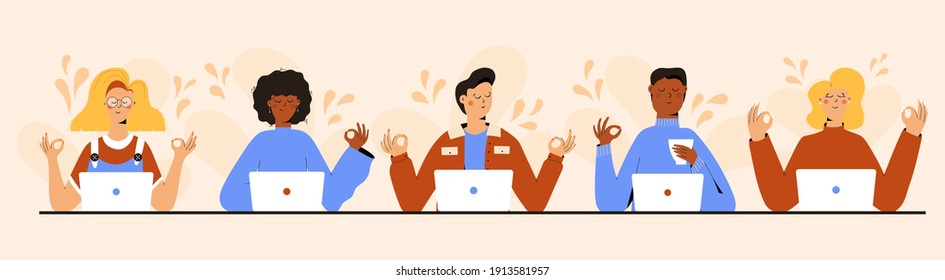 Set of Business people Meditating, Practicing Yoga Meditation at Workplace Sitting in front of laptop. Office workers or freelancers relax and meditate. Relaxation, Positive, Mind Tranquility