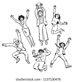 Set of business people men and women jumping for joy holding up winning cup.  Team celebrate their success and professional achievements. Partnership  teamwork concept. Black and white vector sketch.