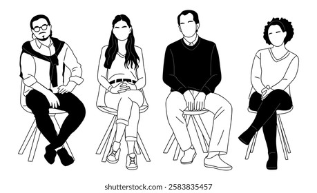 Set of business people, men and women sitting on office chairs, taking put in meeting. Hand drawn sketch vector illustrations isolated on white background