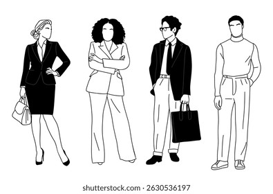 Set of business people, men and women, standing full length. Hand-drawn black and white sketch style line art. Professional characters isolated on white. Vector illustration