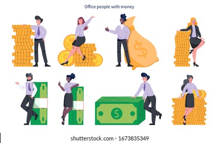 Set of business people with money. Happy successfull character with a pile of coin, standing by the banknotes and big bag full of cash. Financial well-being.