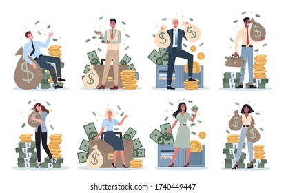 Set of business people with money. Happy successfull woman and man with a bag of money, sitting or standing near by banknotes and coin. Financial well-being idea. Isolated vector illustration