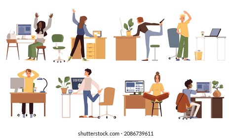 Set of business people or office employees doing sport workout at workplace, flat cartoon vector illustration isolated on white background. Workplace wellness characters.