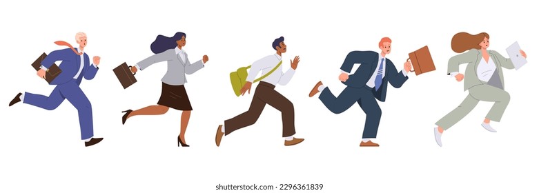 Set of business people or office worker characters running fast, rushing and hurrying to goal