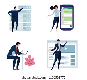 Set of business people or office workers, man and woman, in various characters and activities, simple design. big smart phone, server, internet and laptop. vector