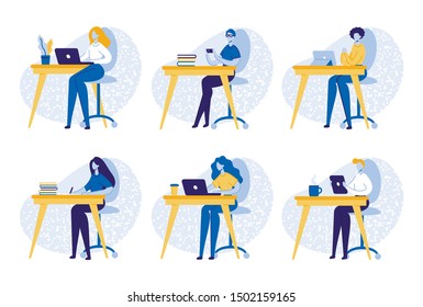 Set of Business People, Office Workers, Freelancers, Students Sitting at Workplace Desk with Laptop, Tablet, Smartphones, Gadget, Reading Books, Studying, Working. Cartoon Flat Vector Illustration