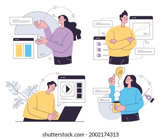 Set of business people office workers working by internet online on new project. Vector flat cartoon design illustration
