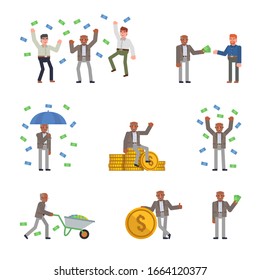 Set of business people posing with money, cash. Flat design vector illustration