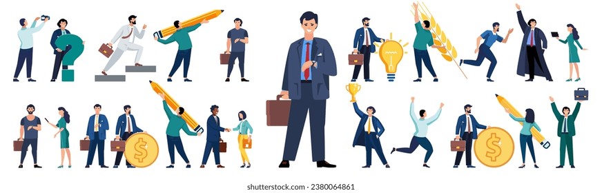 Set of business people in the process of work. Diverse men and women solving business problems, doing work assignments, explaining presentation, clerks doing office tasks. Flat vector illustration