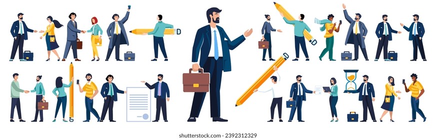 Set of business people in the process of work. Diverse men and women solving business problems, doing work assignments, explaining presentation, clerks doing office tasks. Flat vector illustration