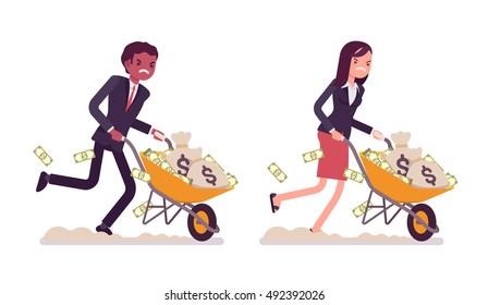Set of business people pushing wheelbarrow full of money. Cartoon vector flat-style illustration