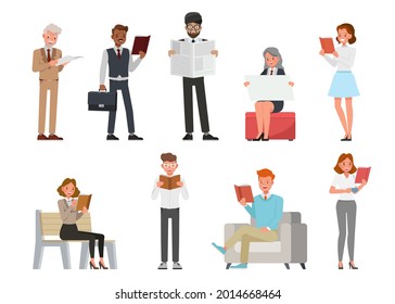 Set of business people reading books character vector design.