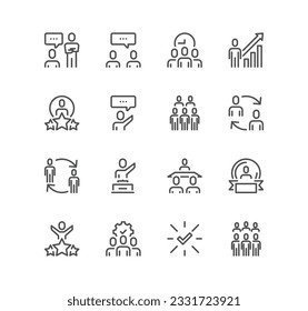 Set of business people related icons, workplace, business communication, team structure, goal, management, achieve and linear variety vectors.