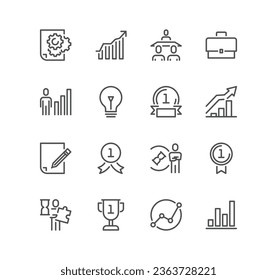 Set of business people related icons, goal, management, achieve and linear variety vectors.
