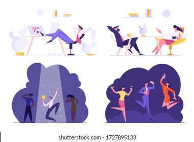 Set of Business People Relax and Procrastination in Office. Male and Female Characters Dancing and Drinking at Corporate Party, Chatting on Coffee Break, Lazy at Workplace. Cartoon Vector Illustration