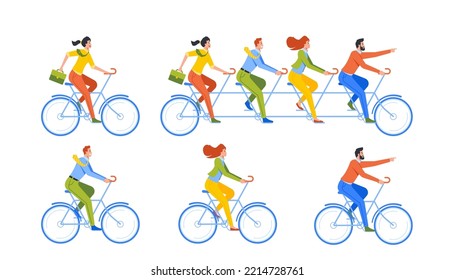 Gruppe von Geschäftsleuten, die Fahrrad fahren, Teamkollegen arbeiten zusammen, um Ziel und Erfolg zu erreichen. Geschäftsleute reiten Tandem-Fahrrad, Brainstorm, Teamwork-Zusammenarbeit. Cartoon-Vektorgrafik