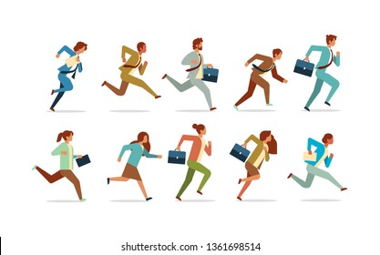 Set Business People Running Competition Concept Male Female Office Workers Collection Flat Horizontal