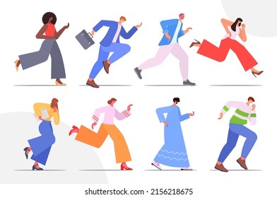 set business people running competition concept male female office workers collection horizontal