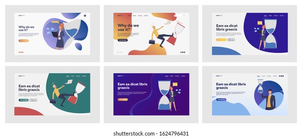 Set of business people running out of time. Flat vector illustrations of men and women with giant hourglass. Business and time management concept for banner, website design or landing web page