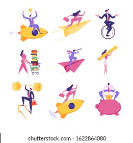 Set of Business People Seek to Success. Businessman and Businesswoman Riding Rocket, Paper Airplane and Monowheel Bicycle Holding Gold Barbell, Put Money to Piggy Bank. Cartoon Vector Illustration