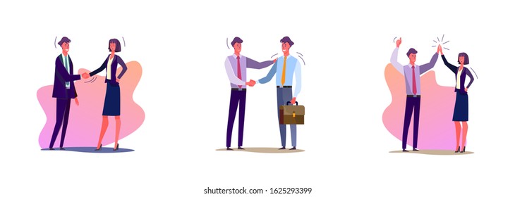 Set of business people shaking hands. Flat vector illustrations of men and women greeting each other in suits. Business deals and partnership concept for banner, website design or landing web page