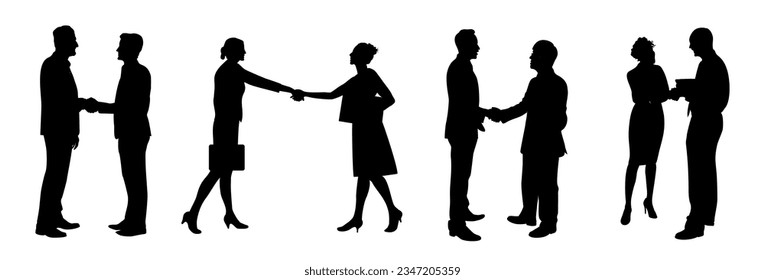 Set of Business people shaking hands silhouettes. Agreement, trust, cooperation concept. Greeting gesture, handshake of different businessmen, businesswomen. Vector illustration on white background