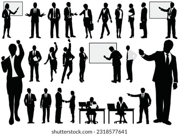 Set of business people silhouette, man and woman team, isolated on white background