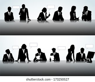 Set of business people silhouettes on the office background