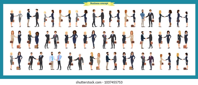 Set of business people and situations. Presentation, agreement, a handshake, work,standing,arms crossed. Vector illustration in a flat style.Businessmen, business women handshake. people teamwork.