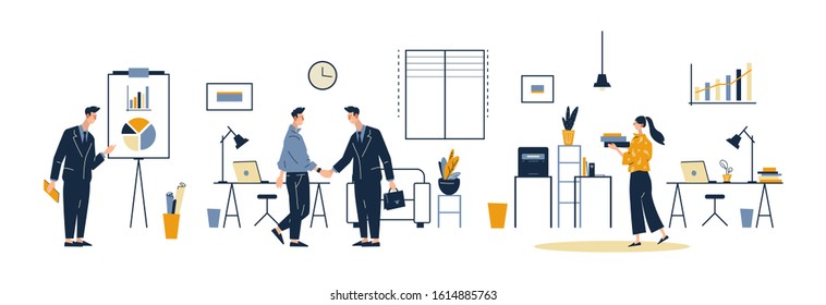 Set of business people and situations. Presentation, agreement, a handshake, office work. Flat cartoon vector illustration on white background.  