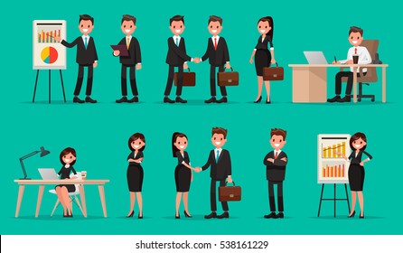Set of business people and situations. Presentation, agreement, a handshake, work at the computer. Vector illustration in a flat style