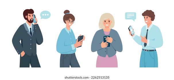 Set of business people with smartphones. Men and women using phones for work, communication, talking, chatting, studing. Vector illustration isolated on white background.