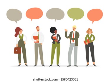 Set of business people with speech bubbles. Businessmen and businesswomen cartoon characters group chat. Office team, multicultural collective workers, entrepreneurs in suits standing together. 