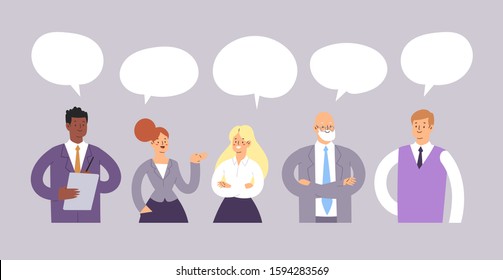Set of business people with speech bubbles talking, Communicating, discuss and Make decisions. Businessmen and businesswomen cartoon characters group chat. Office team, mix race collective workers.