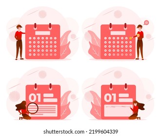 Set of Business people team working with calendar schedule planning, organizing process office working in cartoon character, Vector illustration