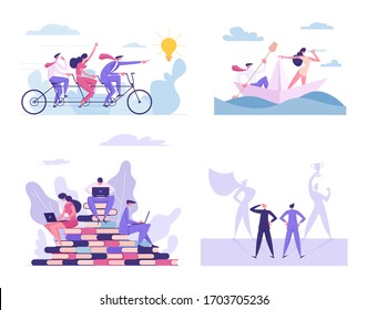 Set of Business People Teamwork and Cooperation. Characters Riding Tandem Bicycle, Floating on Paper Ship, Work on Laptop at Huge Pile of Books, Imagine Super Hero. Cartoon People Vector Illustration