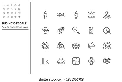 set of business people thin line icons, meeting, team, mangement, human resource