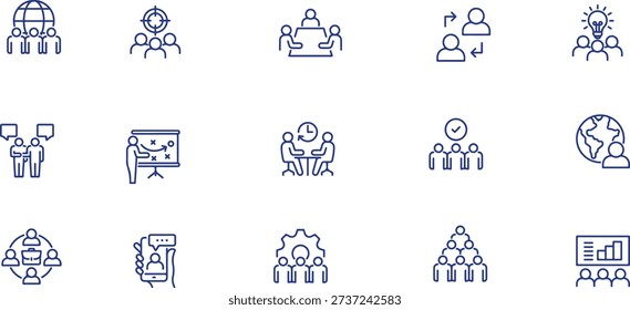 set of business people and timework vector line icons , team sign symbol 