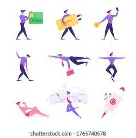 Set Business People Using Credit Cards and Electronic Keys, Smartphone and Artificial Intelligence Digital Interface. Male Characters Flying on Rocket and Relax on Beach. Cartoon Vector Illustration